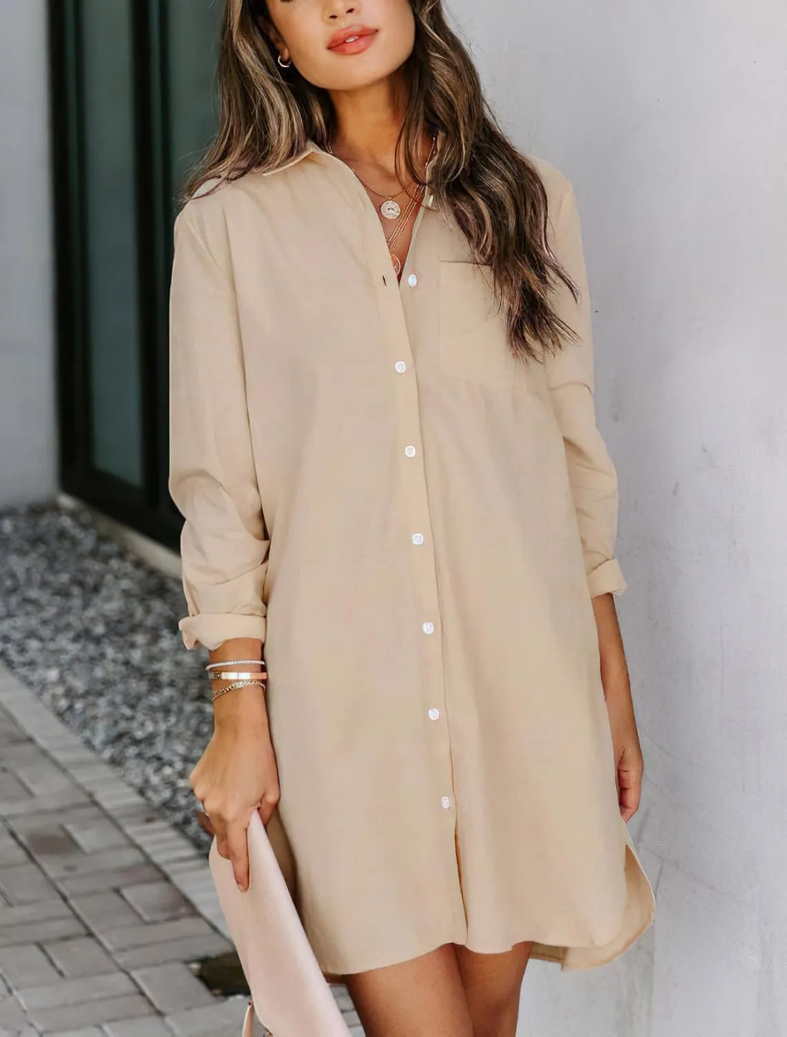 chouyatou Women's Casual Loose Fit Long Sleeve Solid Striped Button Down Shirts Dresses