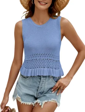 CiCiBird Women Cute Crop Sweaters Vest Knit Sleeveless Pullover Tops Crochet Ruffle Hem Tank