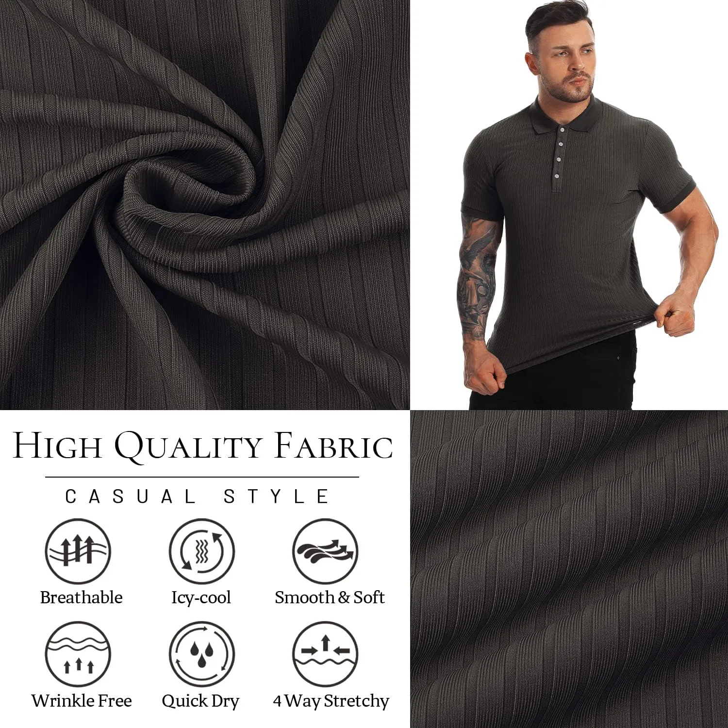 Collared Muscle Polo Shirts Men Slim Fit Textured Knit Polo Shirts Short Sleeve Button Down Shirts Casual Stylish