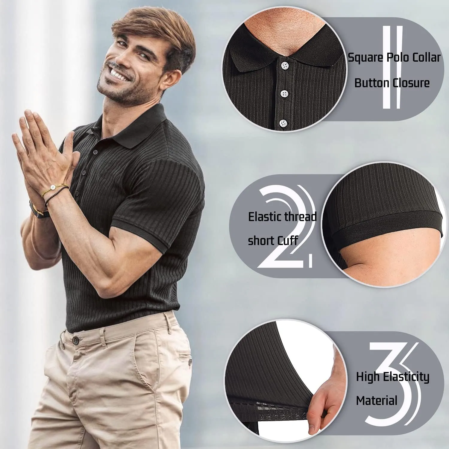 Collared Muscle Polo Shirts Men Slim Fit Textured Knit Polo Shirts Short Sleeve Button Down Shirts Casual Stylish