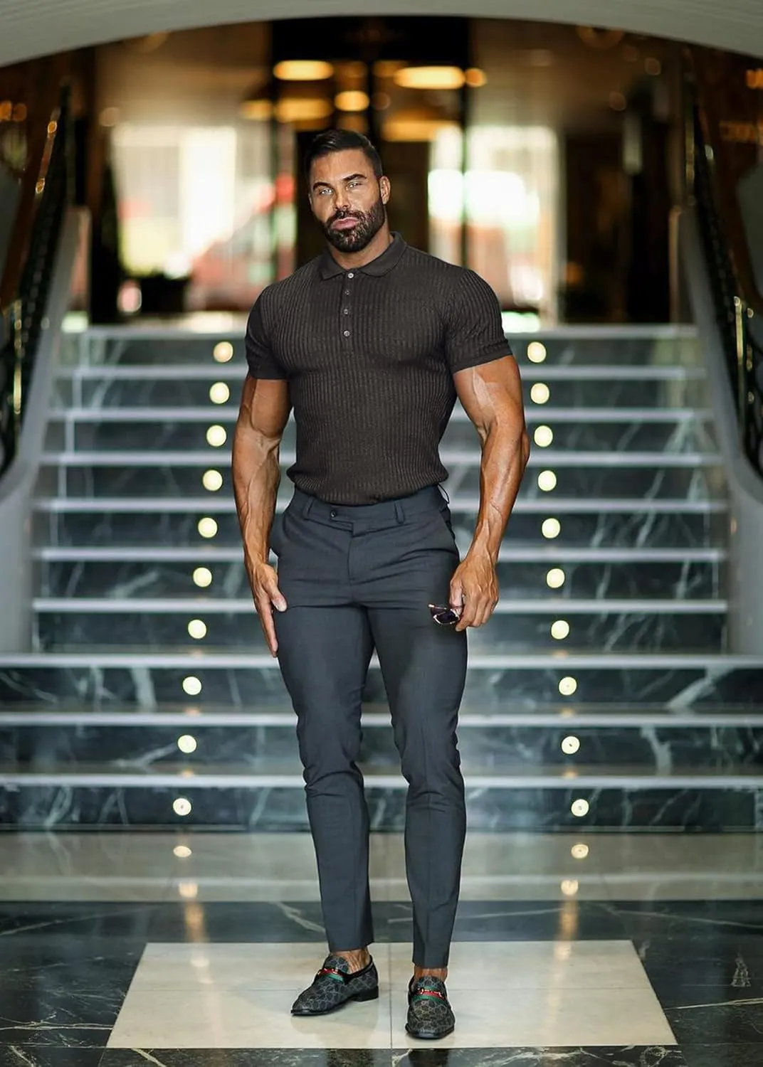 Collared Muscle Polo Shirts Men Slim Fit Textured Knit Polo Shirts Short Sleeve Button Down Shirts Casual Stylish