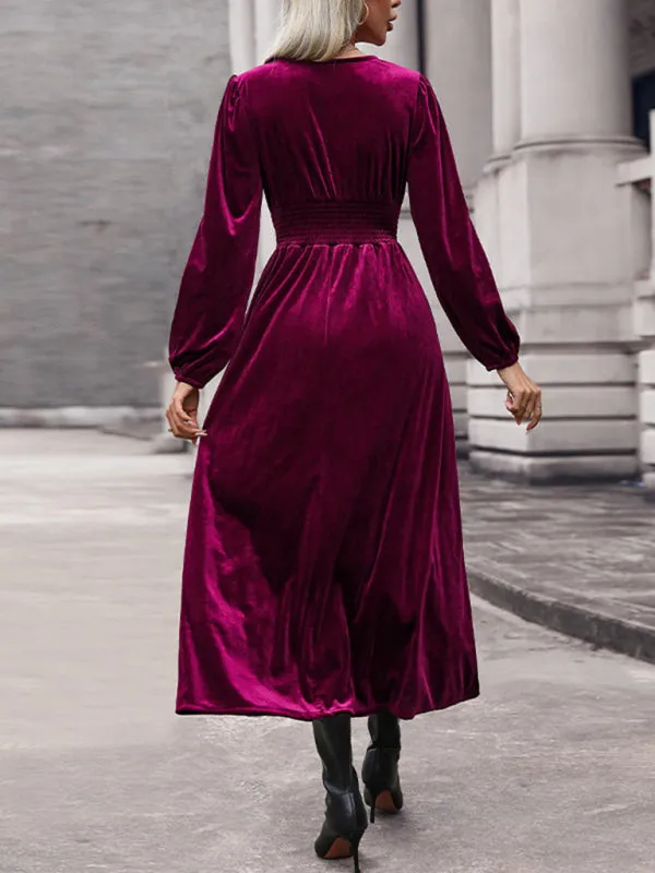 Couture Velvet Velour V-Neck Midi Dress for Holidays