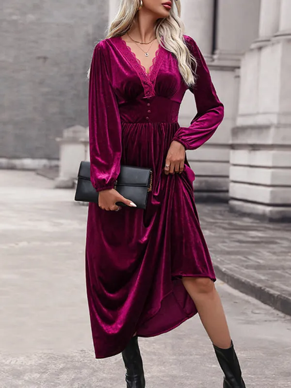 Couture Velvet Velour V-Neck Midi Dress for Holidays