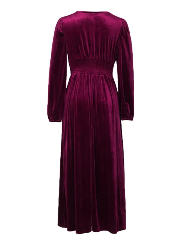 Couture Velvet Velour V-Neck Midi Dress for Holidays