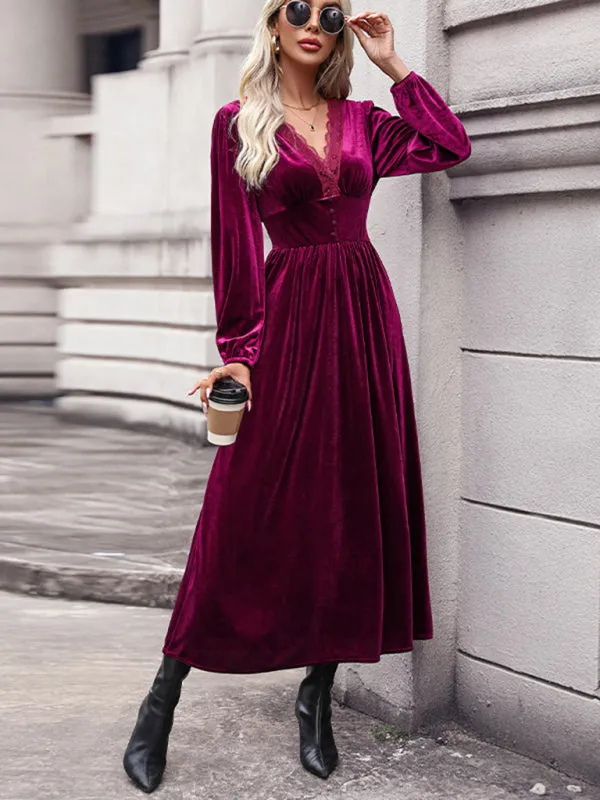 Couture Velvet Velour V-Neck Midi Dress for Holidays