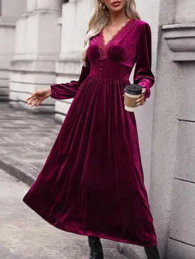 Couture Velvet Velour V-Neck Midi Dress for Holidays
