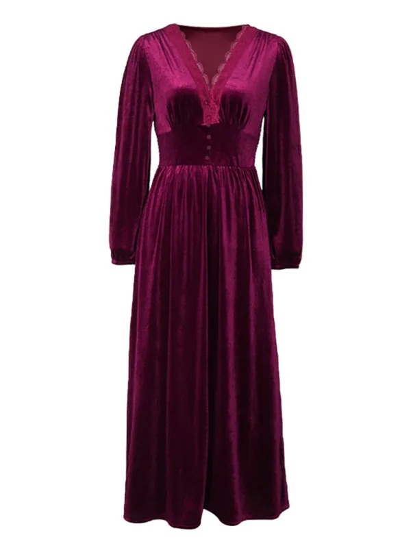 Couture Velvet Velour V-Neck Midi Dress for Holidays
