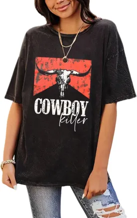 Cowboy Shirts for Women Western Vintage Rodeo T-Shirt Retro Bull Skull Graphic Tees Summer Casual Short Sleeve Tops
