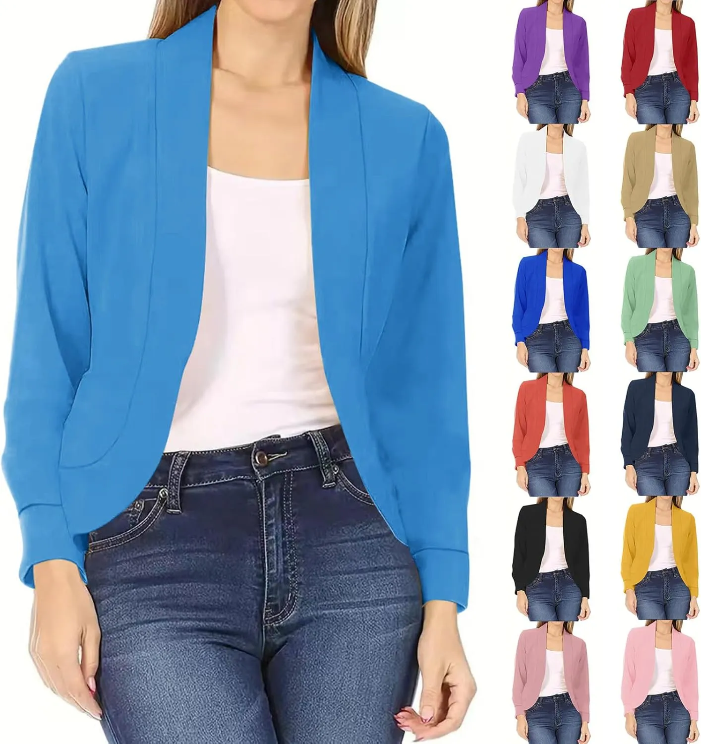 Cropped Blazers for Women 3/4 Sleeve Lightweight Summer Blazer Cardigan Open Front Work Bussiness Casual Jacket