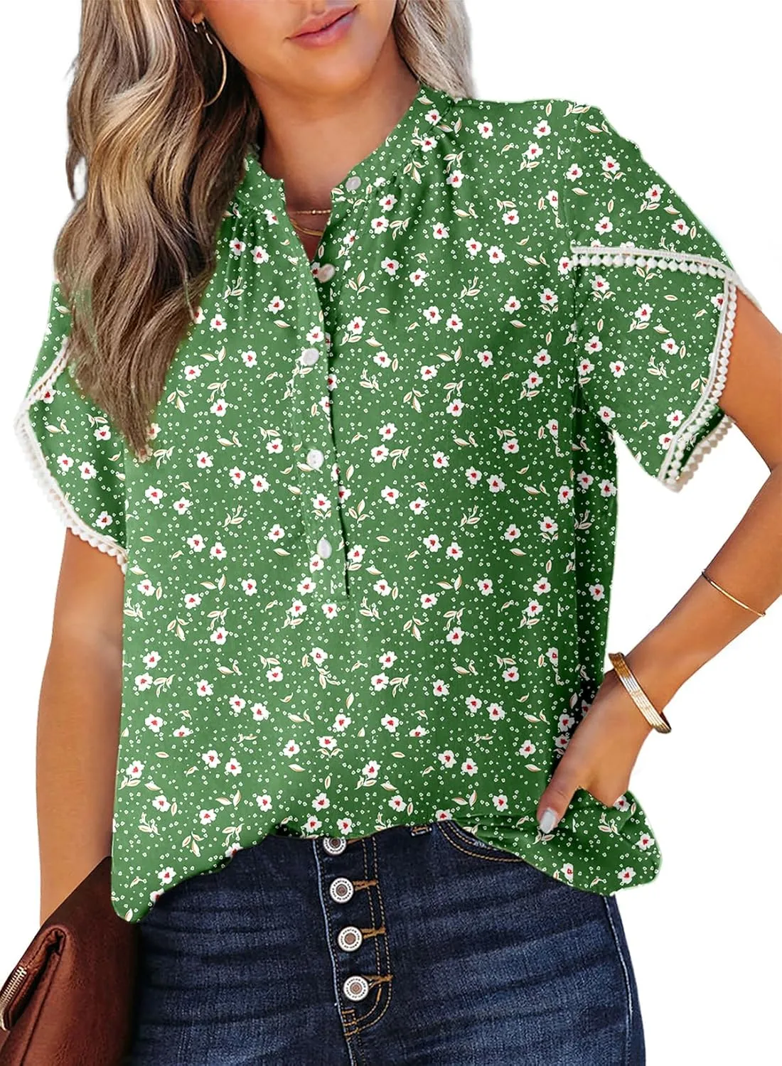 Dokotoo Womens Tops Summer Casual Boho Floral Print Short Sleeve Half Button Down V Neck Chiffon Blouses Shirts