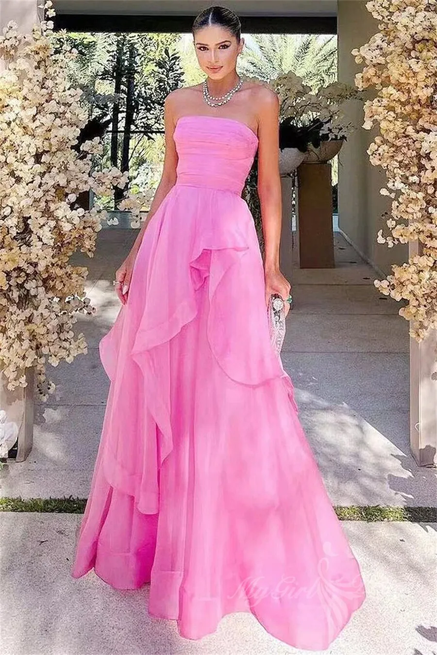 Elegant Pink A-line Strapless Long Prom Dresses, Long Pink Evening Dresses GP486