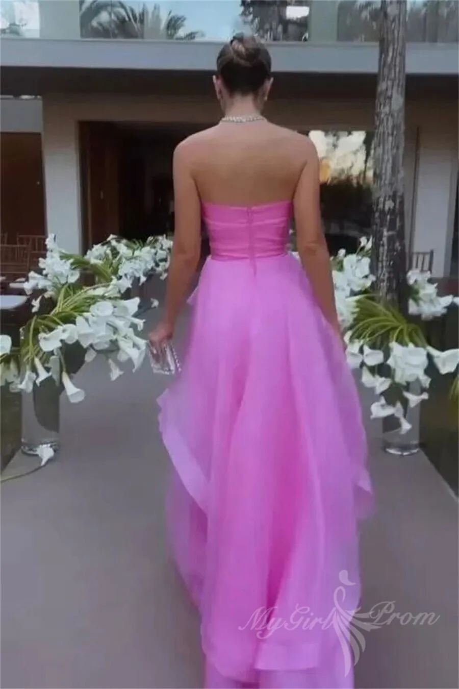 Elegant Pink A-line Strapless Long Prom Dresses, Long Pink Evening Dresses GP486