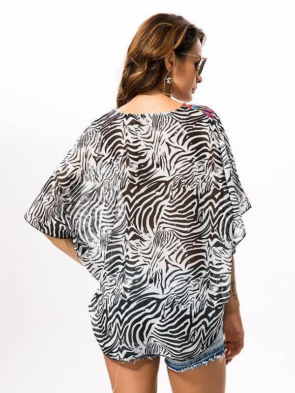Fashion Black Stripe V Neck Shawl Cover-up Tops