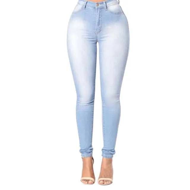 Fashion Women Denim Skinny Trousers High Waist Jeans Skinny Slim-Fit Washed Denim Long Pencil Pants Trousers For Female Sky Blue