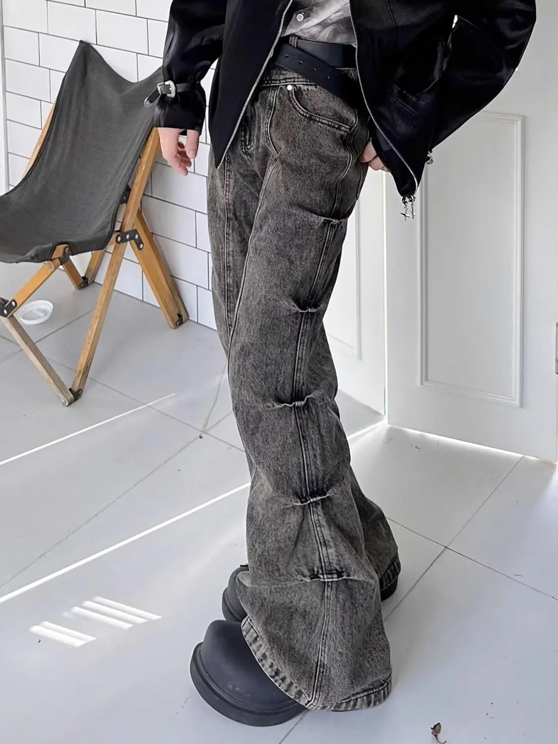 Flared Jeans for Men Mid Waist Stretch Slim Fit Pleated Y2K Streetwear Denim Pants Casual Loose Fit Hip Hop Jeans