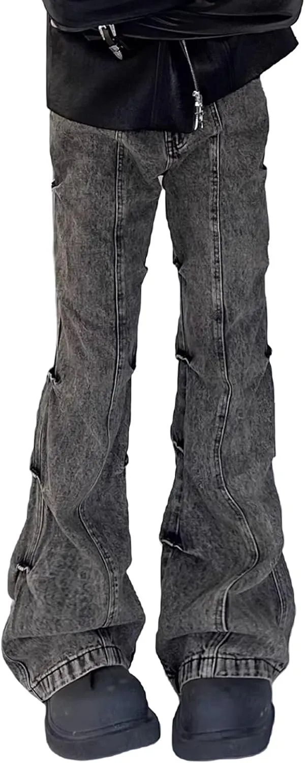 Flared Jeans for Men Mid Waist Stretch Slim Fit Pleated Y2K Streetwear Denim Pants Casual Loose Fit Hip Hop Jeans