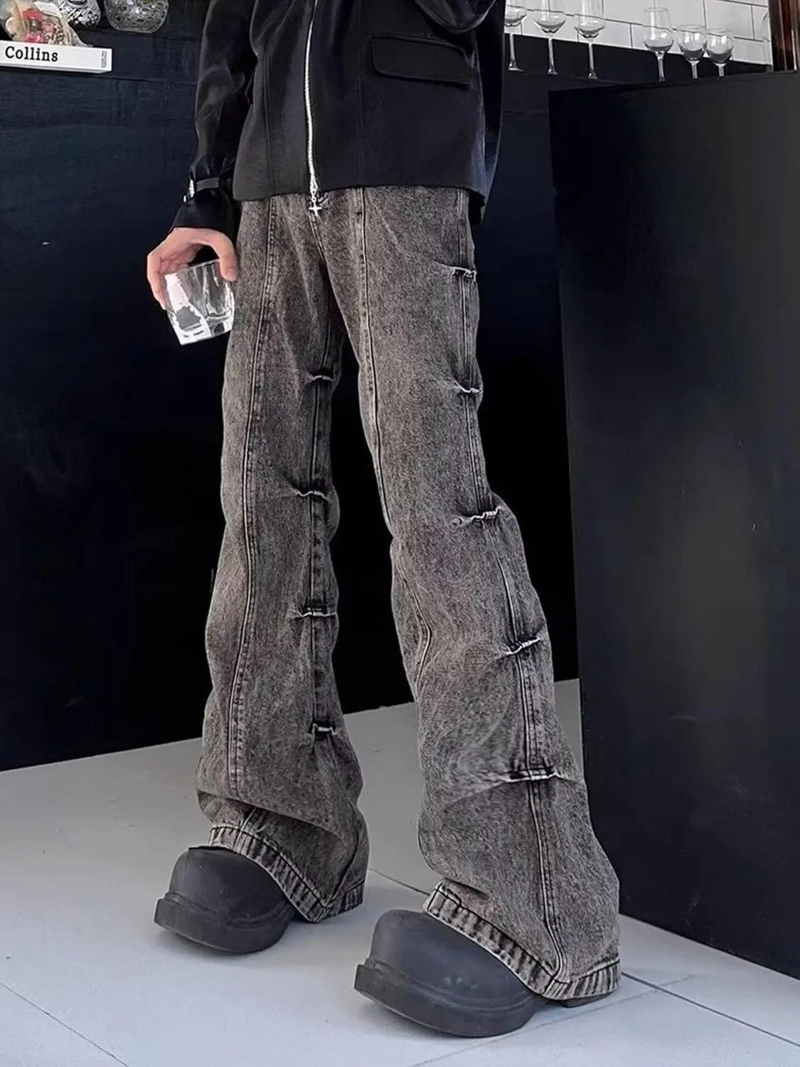 Flared Jeans for Men Mid Waist Stretch Slim Fit Pleated Y2K Streetwear Denim Pants Casual Loose Fit Hip Hop Jeans