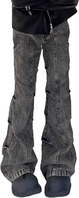 Flared Jeans for Men Mid Waist Stretch Slim Fit Pleated Y2K Streetwear Denim Pants Casual Loose Fit Hip Hop Jeans
