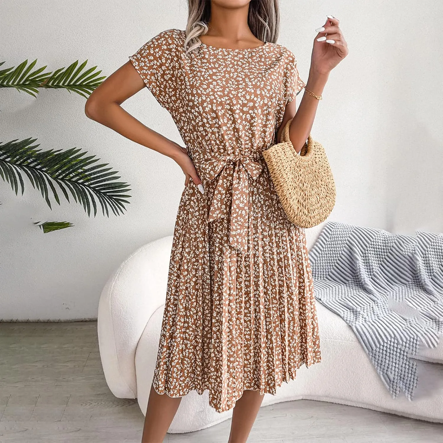 Floral Dress for Women Crewneck Short Sleeve A Line Casual Summer Dresses Chiffon Tie Waist Pleated Midi Boho Dress