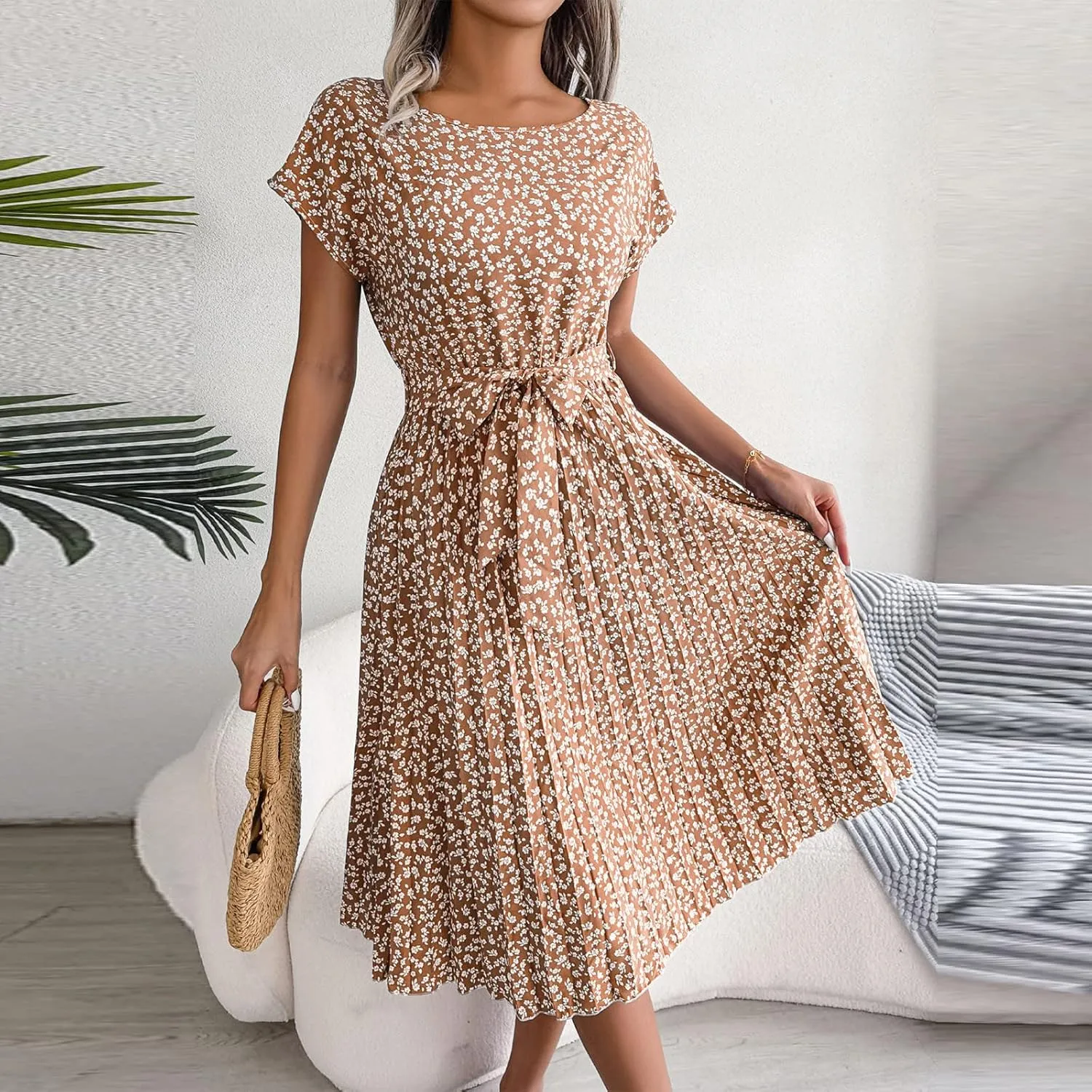 Floral Dress for Women Crewneck Short Sleeve A Line Casual Summer Dresses Chiffon Tie Waist Pleated Midi Boho Dress