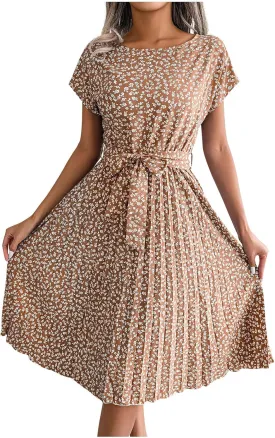 Floral Dress for Women Crewneck Short Sleeve A Line Casual Summer Dresses Chiffon Tie Waist Pleated Midi Boho Dress