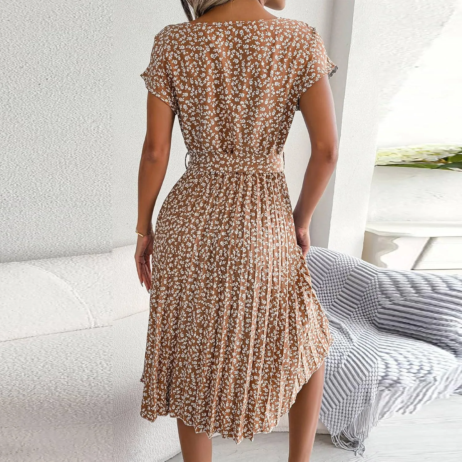 Floral Dress for Women Crewneck Short Sleeve A Line Casual Summer Dresses Chiffon Tie Waist Pleated Midi Boho Dress