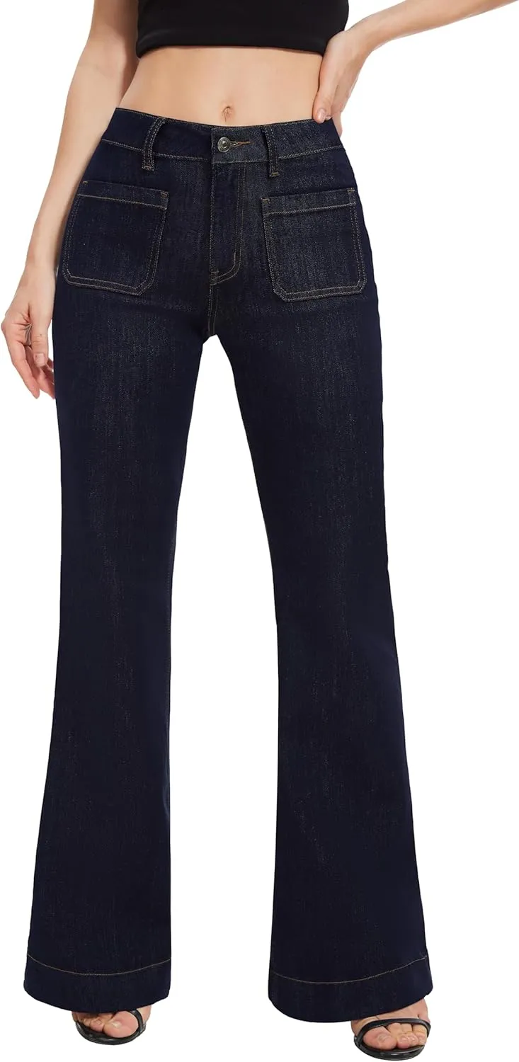 FLYING BANANA Women's Flare High Waisted Bell Bottom Wide Leg Jeans Baggy Stretch Trendy Denim with Pockets