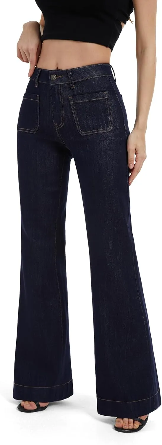 FLYING BANANA Women's Flare High Waisted Bell Bottom Wide Leg Jeans Baggy Stretch Trendy Denim with Pockets