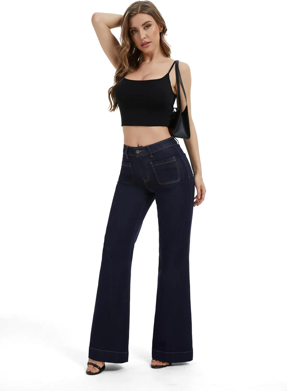 FLYING BANANA Women's Flare High Waisted Bell Bottom Wide Leg Jeans Baggy Stretch Trendy Denim with Pockets