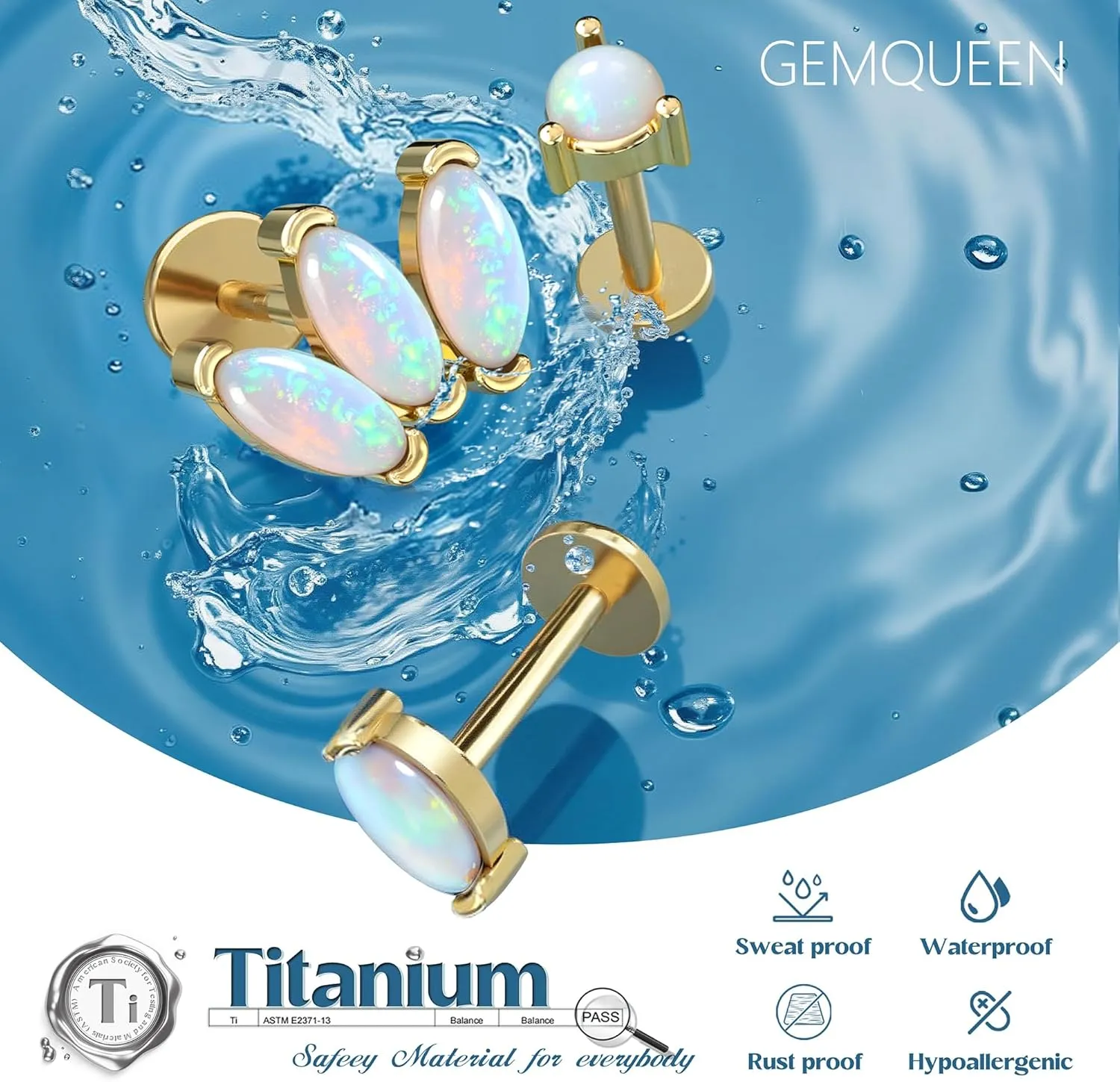 G23 Implant Grade Titanium Flat Back Earrings Studs: 14K Gold Hypoallergenic 3 Pcs 18G Internally Threaded Tragus Cartilage Helix Piercing Jewelry Opal Earring for Sensitive Ears Women Men