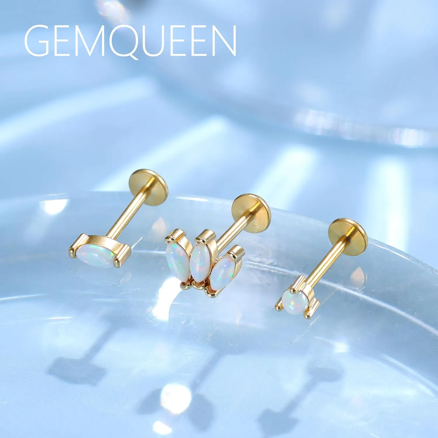 G23 Implant Grade Titanium Flat Back Earrings Studs: 14K Gold Hypoallergenic 3 Pcs 18G Internally Threaded Tragus Cartilage Helix Piercing Jewelry Opal Earring for Sensitive Ears Women Men
