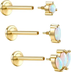 G23 Implant Grade Titanium Flat Back Earrings Studs: 14K Gold Hypoallergenic 3 Pcs 18G Internally Threaded Tragus Cartilage Helix Piercing Jewelry Opal Earring for Sensitive Ears Women Men