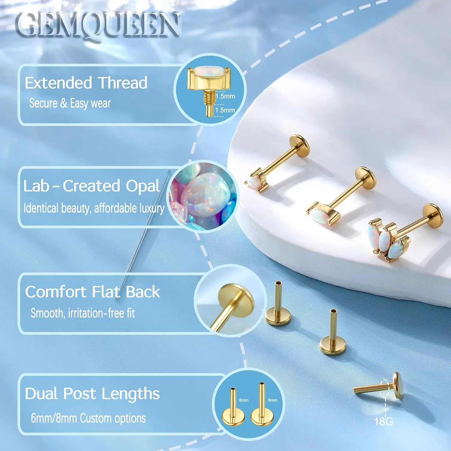 G23 Implant Grade Titanium Flat Back Earrings Studs: 14K Gold Hypoallergenic 3 Pcs 18G Internally Threaded Tragus Cartilage Helix Piercing Jewelry Opal Earring for Sensitive Ears Women Men