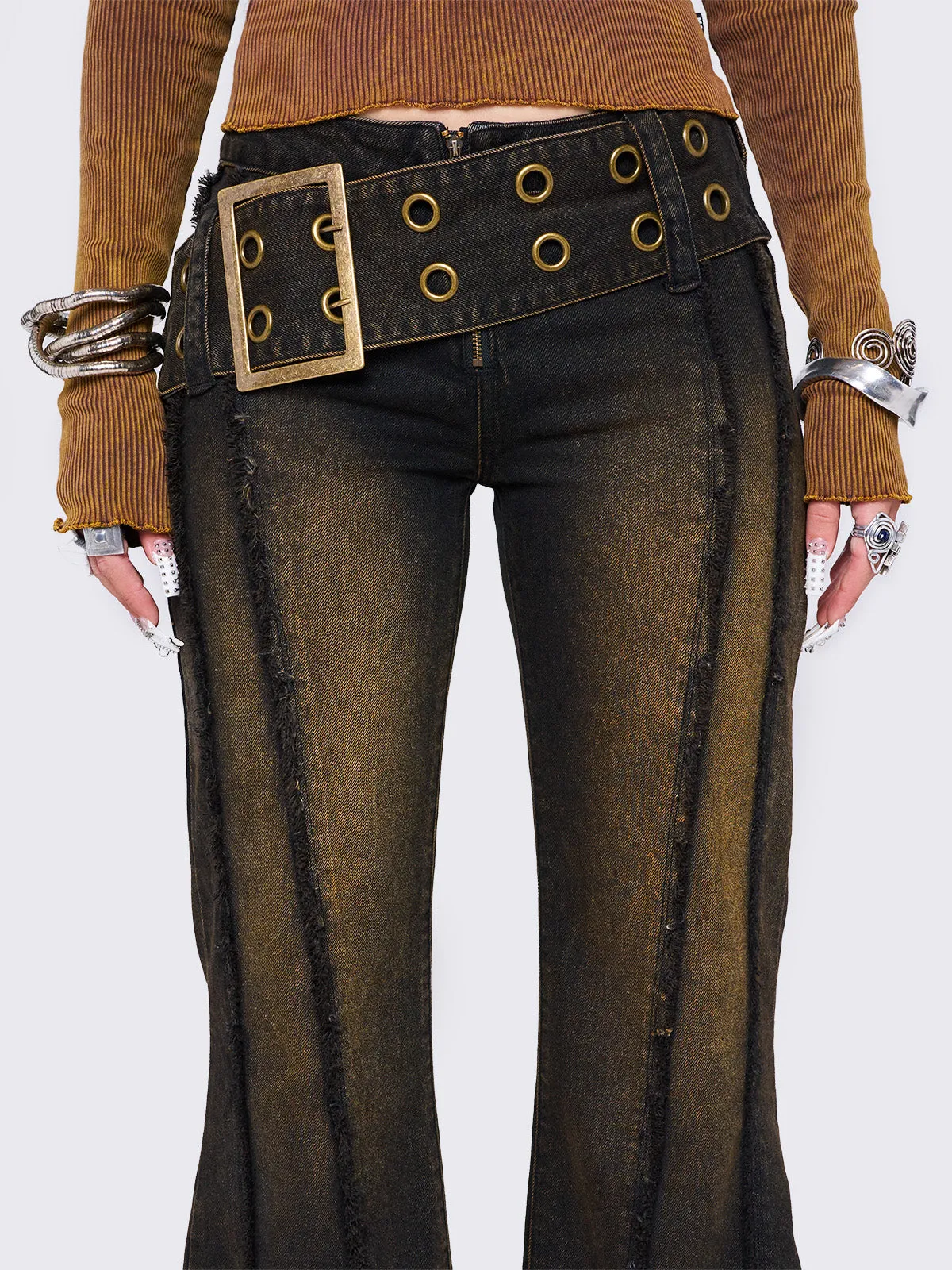 Gia Overdye Belted Flare Jeans