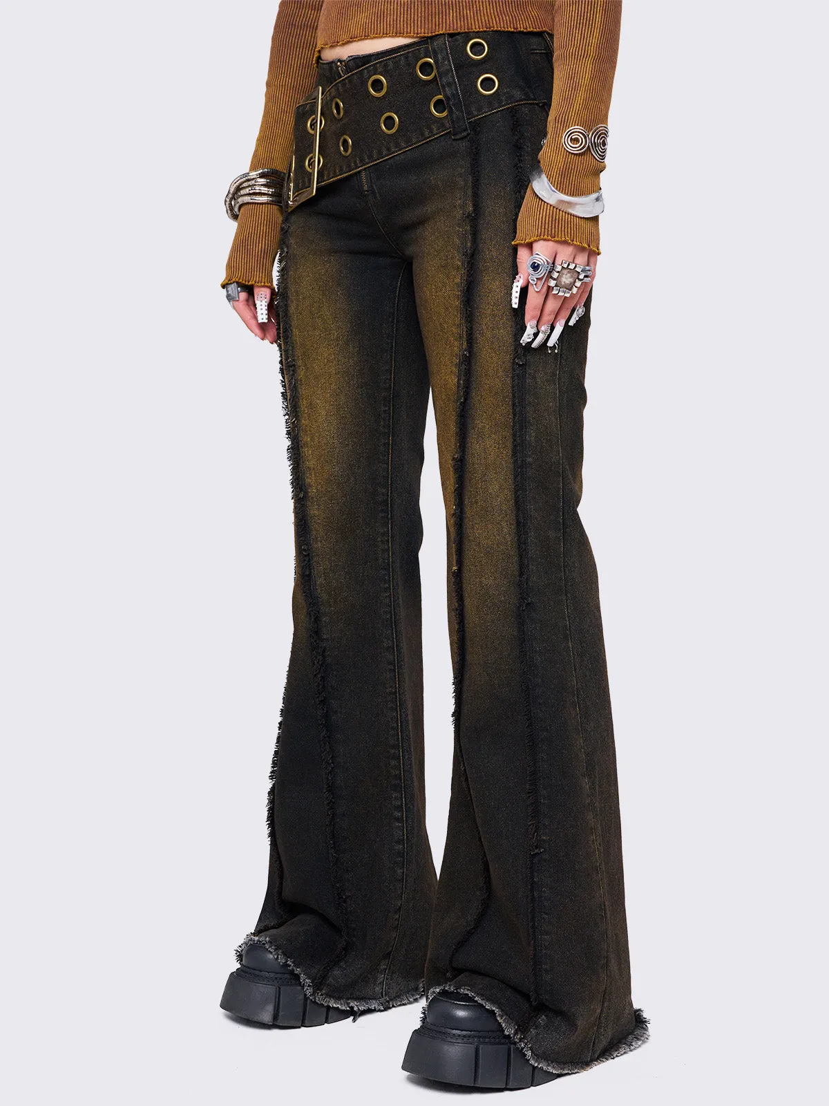 Gia Overdye Belted Flare Jeans