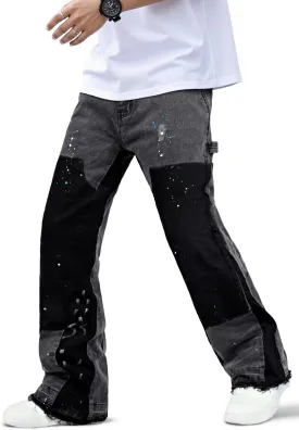 GINGTTO Mens Flared Jeans Streetwear Stretch Slim Fit Carpenter Denim Pants for Men Contrast Painted Design Grey 32