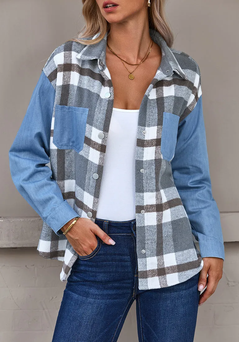 Gray Plaid Women's Brief Button Down Denim Loose Plaid Flannel Shirt Coats Jackets