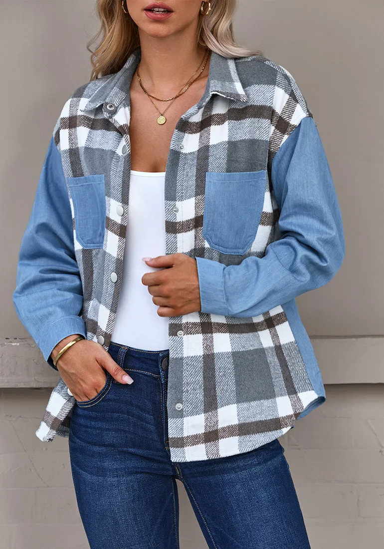 Gray Plaid Women's Brief Button Down Denim Loose Plaid Flannel Shirt Coats Jackets