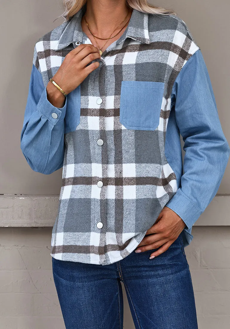 Gray Plaid Women's Brief Button Down Denim Loose Plaid Flannel Shirt Coats Jackets
