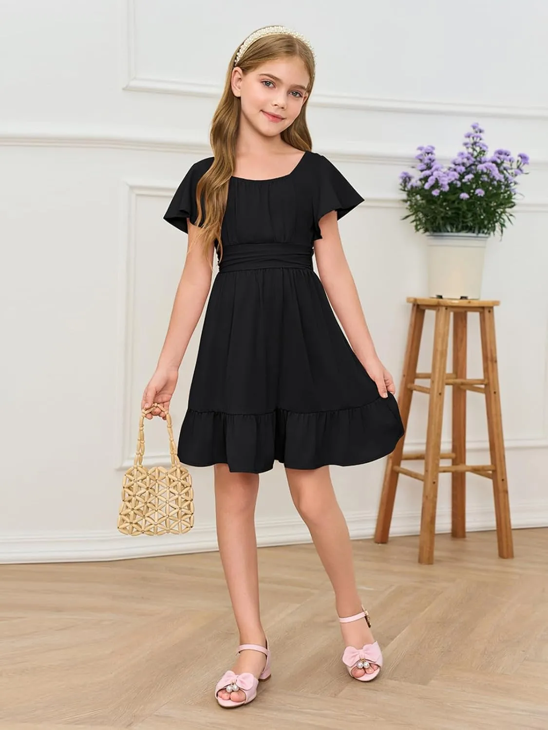 Haloumoning Girls Ruffle Short Sleeve Tie Back Dress Kids Summer Off Shoulder A-line Dresses 5-14 Years