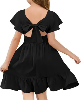 Haloumoning Girls Ruffle Short Sleeve Tie Back Dress Kids Summer Off Shoulder A-line Dresses 5-14 Years