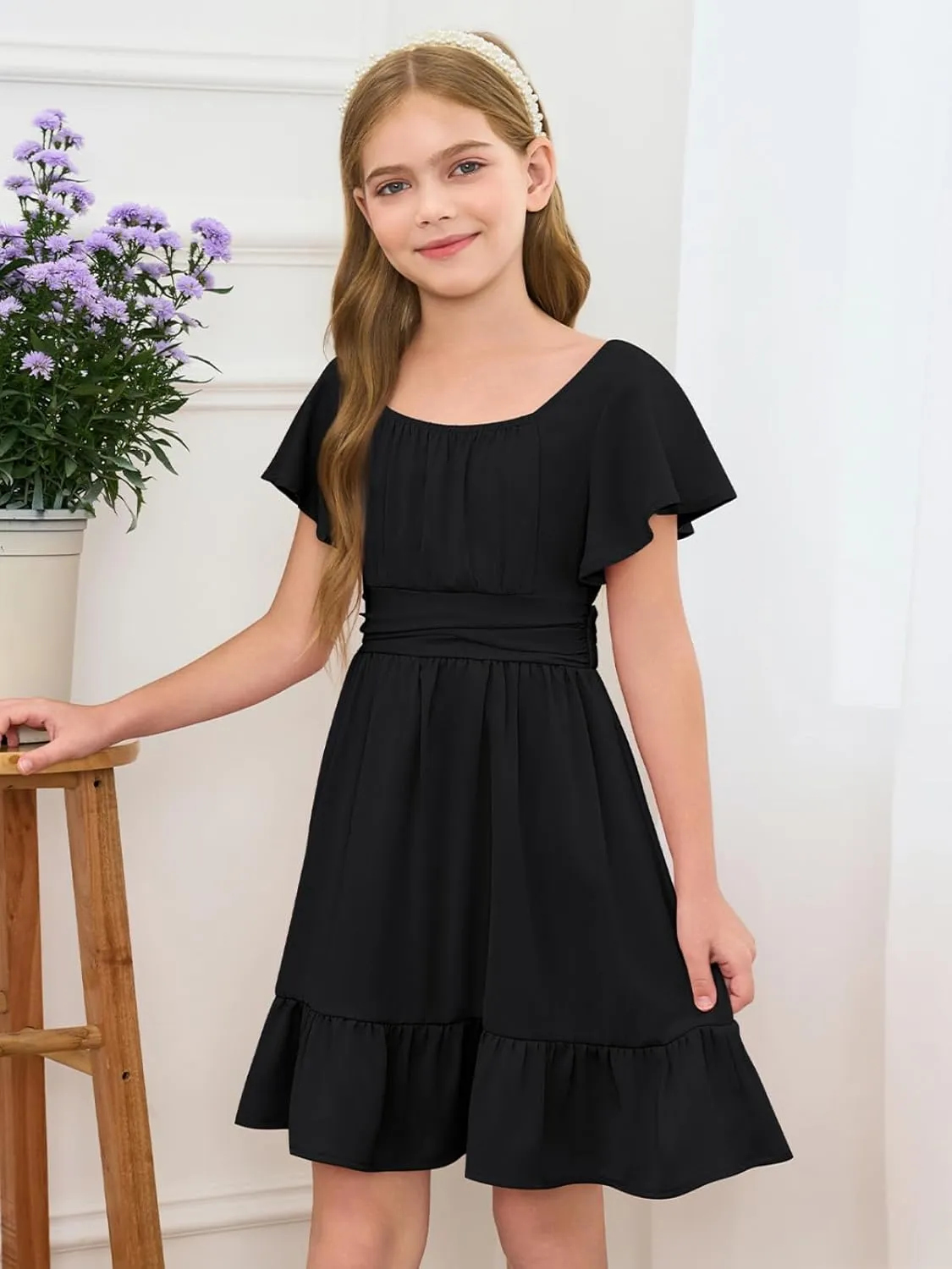 Haloumoning Girls Ruffle Short Sleeve Tie Back Dress Kids Summer Off Shoulder A-line Dresses 5-14 Years