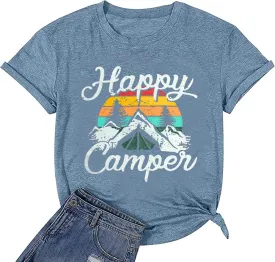 Happy Camp T-Shirt Women Hiking Mountain Adventure Novelty Workout Funny Saying Cute Graphic Athletic Shirt