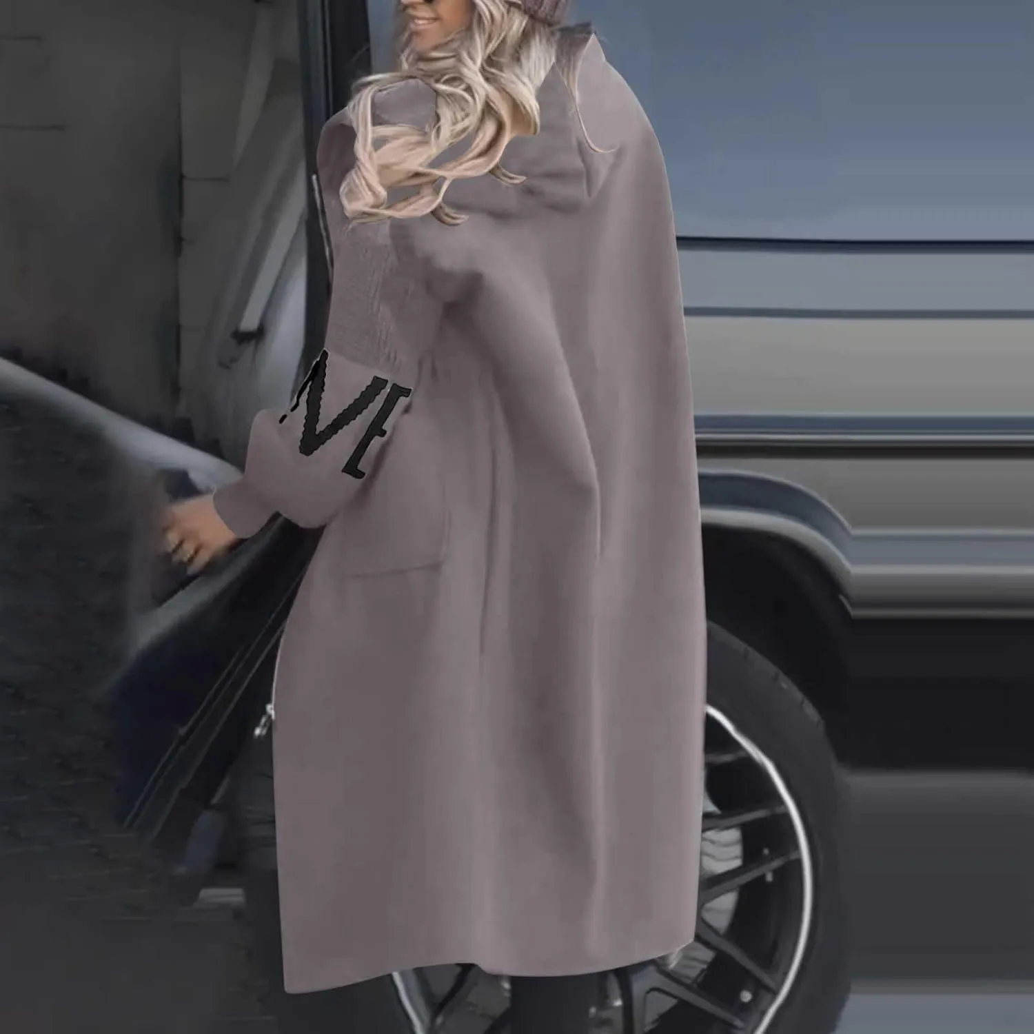 HGps8w Long Hoodies Jacket for Women Letter Knitted Patchwork Long Sleeve Casual Drawstring Waist Outerwear with Pockets