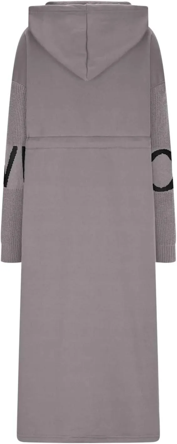 HGps8w Long Hoodies Jacket for Women Letter Knitted Patchwork Long Sleeve Casual Drawstring Waist Outerwear with Pockets