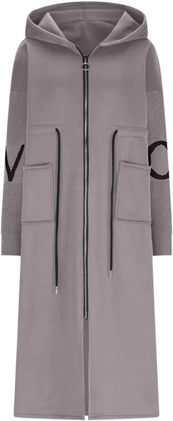 HGps8w Long Hoodies Jacket for Women Letter Knitted Patchwork Long Sleeve Casual Drawstring Waist Outerwear with Pockets