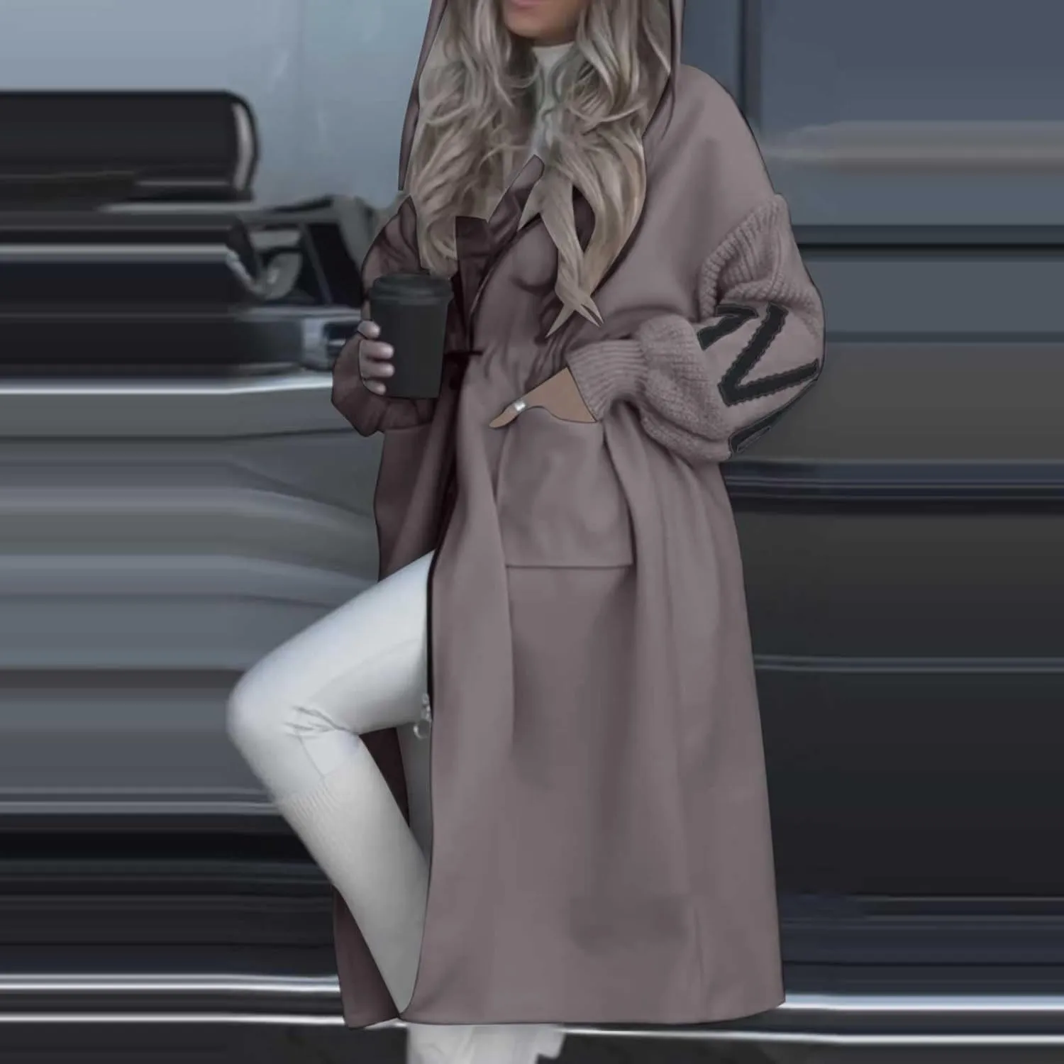 HGps8w Long Hoodies Jacket for Women Letter Knitted Patchwork Long Sleeve Casual Drawstring Waist Outerwear with Pockets