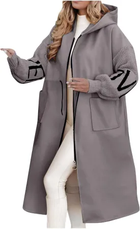HGps8w Long Hoodies Jacket for Women Letter Knitted Patchwork Long Sleeve Casual Drawstring Waist Outerwear with Pockets