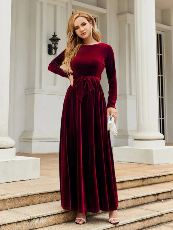 Holiday Autumn Winter Velvet Tie-Belt Maxi Dress