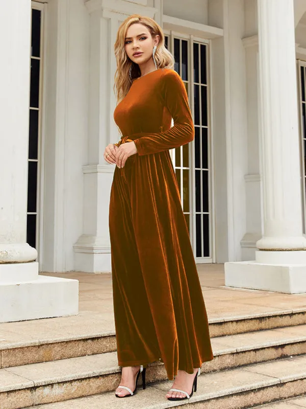 Holiday Autumn Winter Velvet Tie-Belt Maxi Dress